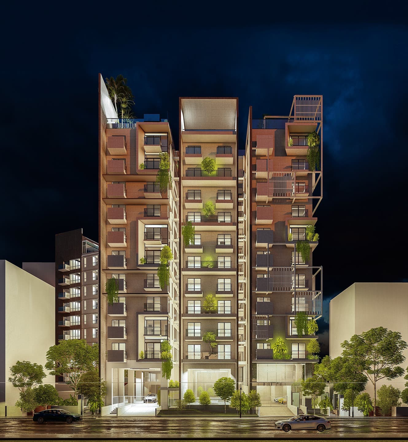 Modern architecture with swimming pool at dusk